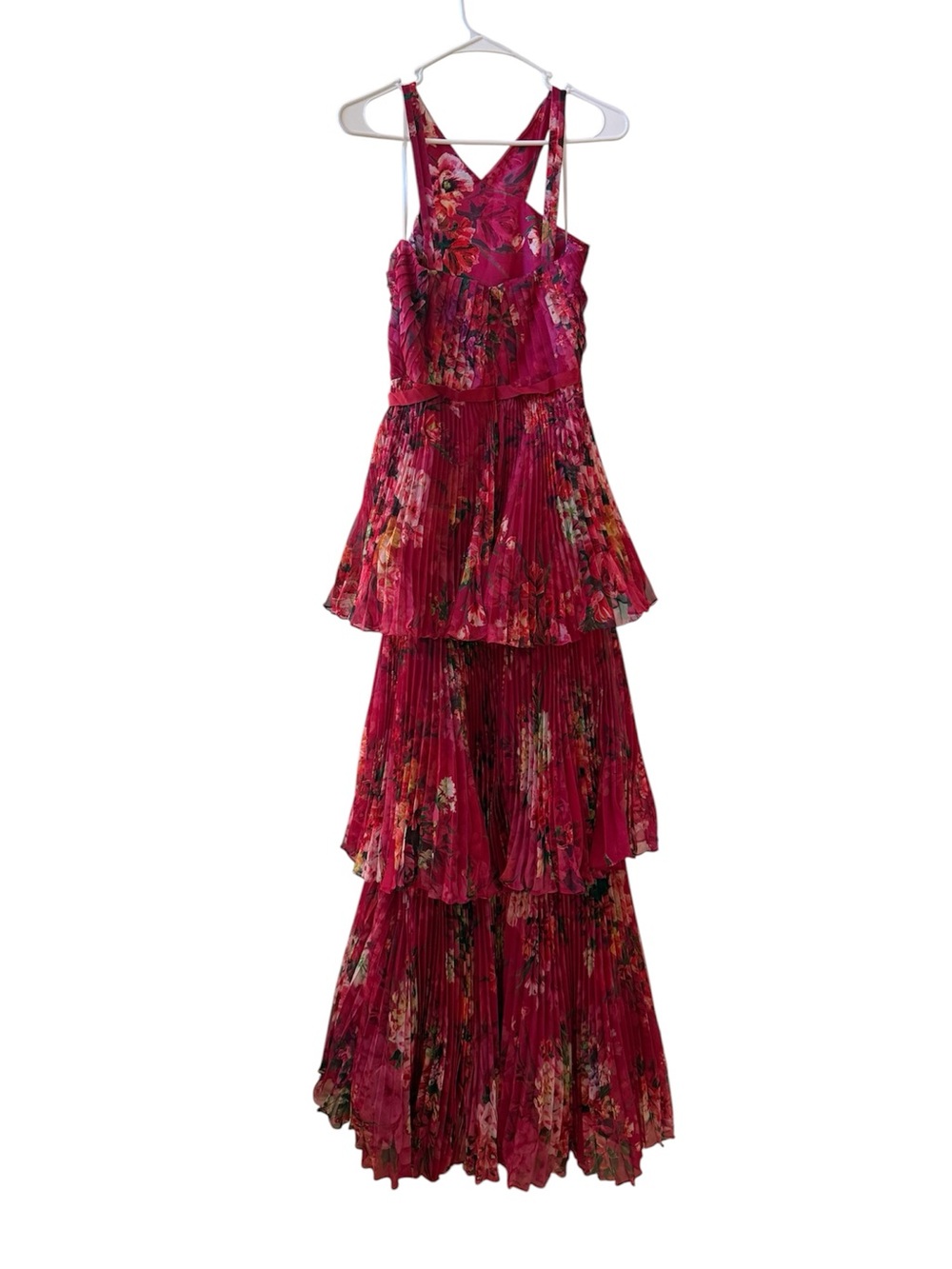 MARCHESA NOTTE Pleated Halter Floral Maxi Dress in Berry Sz 8 - Picture 6 of 9